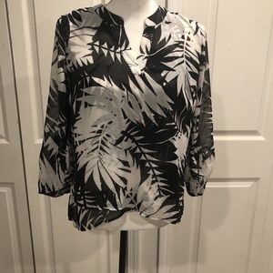 Black White Tropical  Tab  Slev Sheer Peasant Top